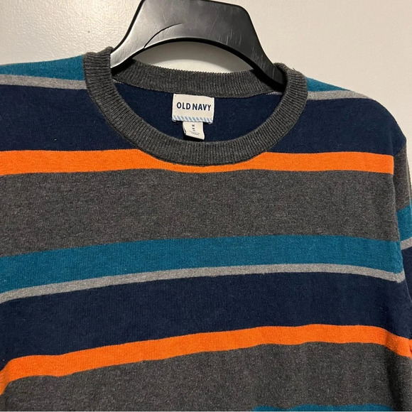 Men’s Striped Sweater Medium Old Navy Orange Gray Blue Fall Winter Long Sleeve - Picture 3 of 5